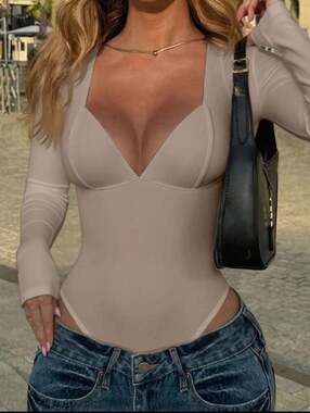 Nude Deep V Long Sleeve Bodysuit | Sculpting Stretch Bodysuit | Size Medium